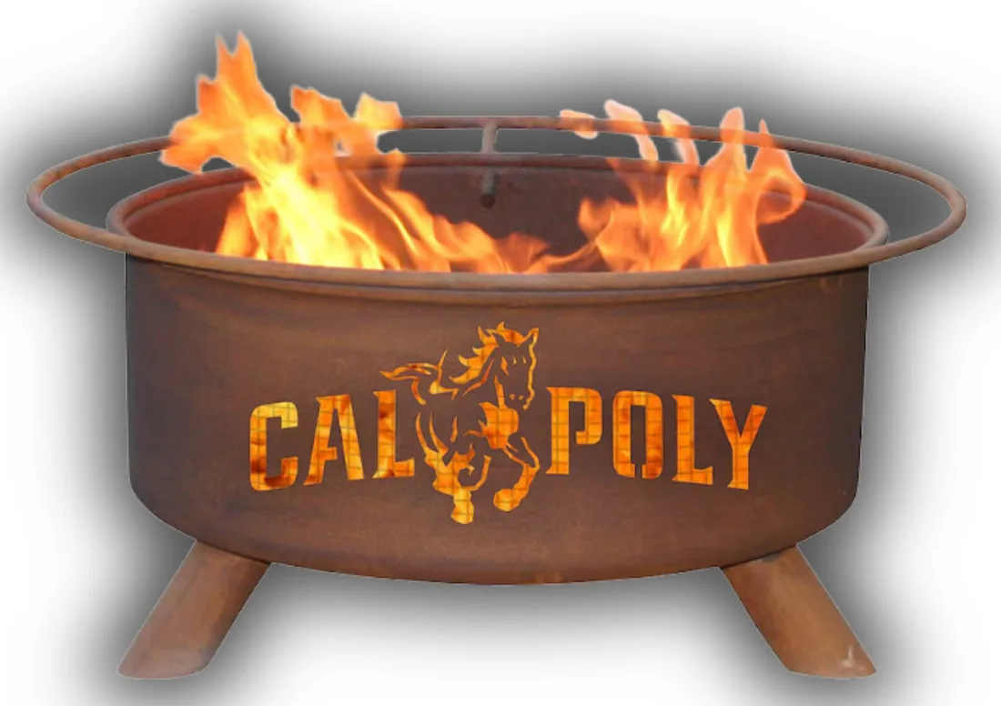 A Cal Poly rust fire pit with flames