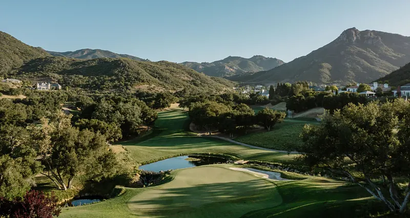 A Sherwood Country Club fairway in a valley below the Santa Monica Mountains