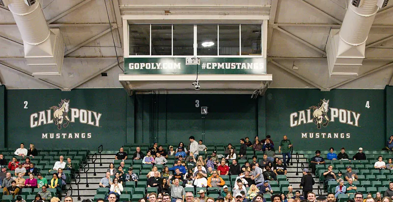 The glass skybox above section 3 at Mott Athletics Center during a Cal Poly home dual